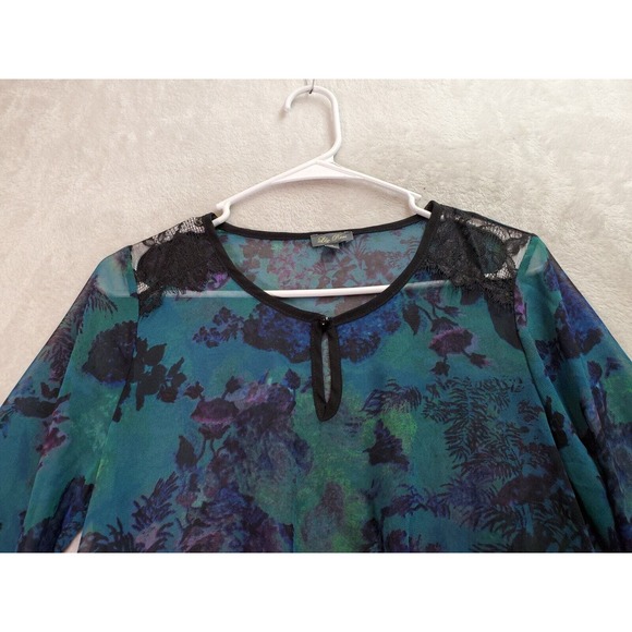 Lily Rose Blouse Top Womens Size Small Teal Floral Sheer Long Sleeve Round Neck - Picture 4 of 9
